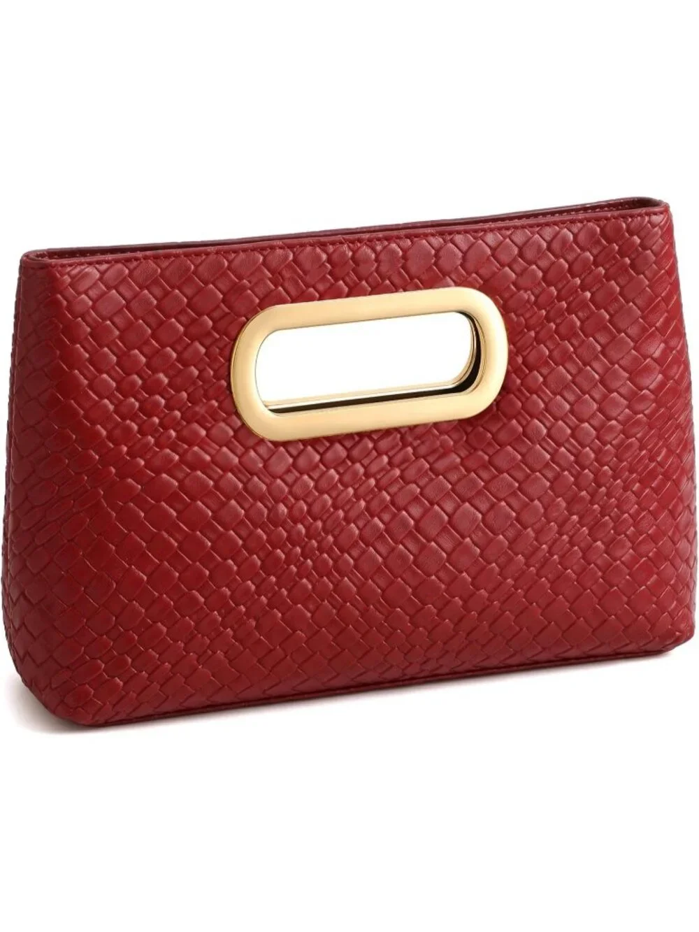 Womens Burgundy Clutch Handbag Modern Faux Leather with Metal Handle Evening Bag